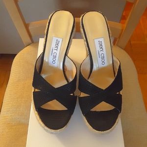 Jimmy Choo Size 7 Leather Printed Black "Phyllis" Wedge Heel Sandals